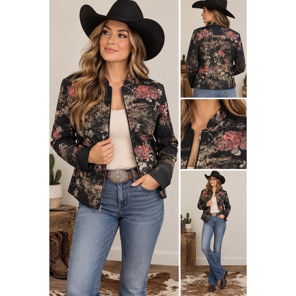 Cactus Women's Medium Black Denim Floral Rose Graphic Zip Jacket
